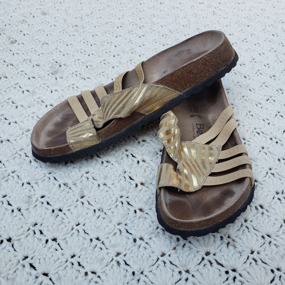 Betula by Birkenstock Slip on Slide Cork Footbed Gold Strap Sandals